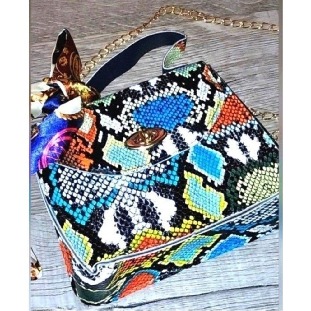 Women's Mini Snakeskin Embossed Handbag, Twilly Scarf Decor Flap Square Purse